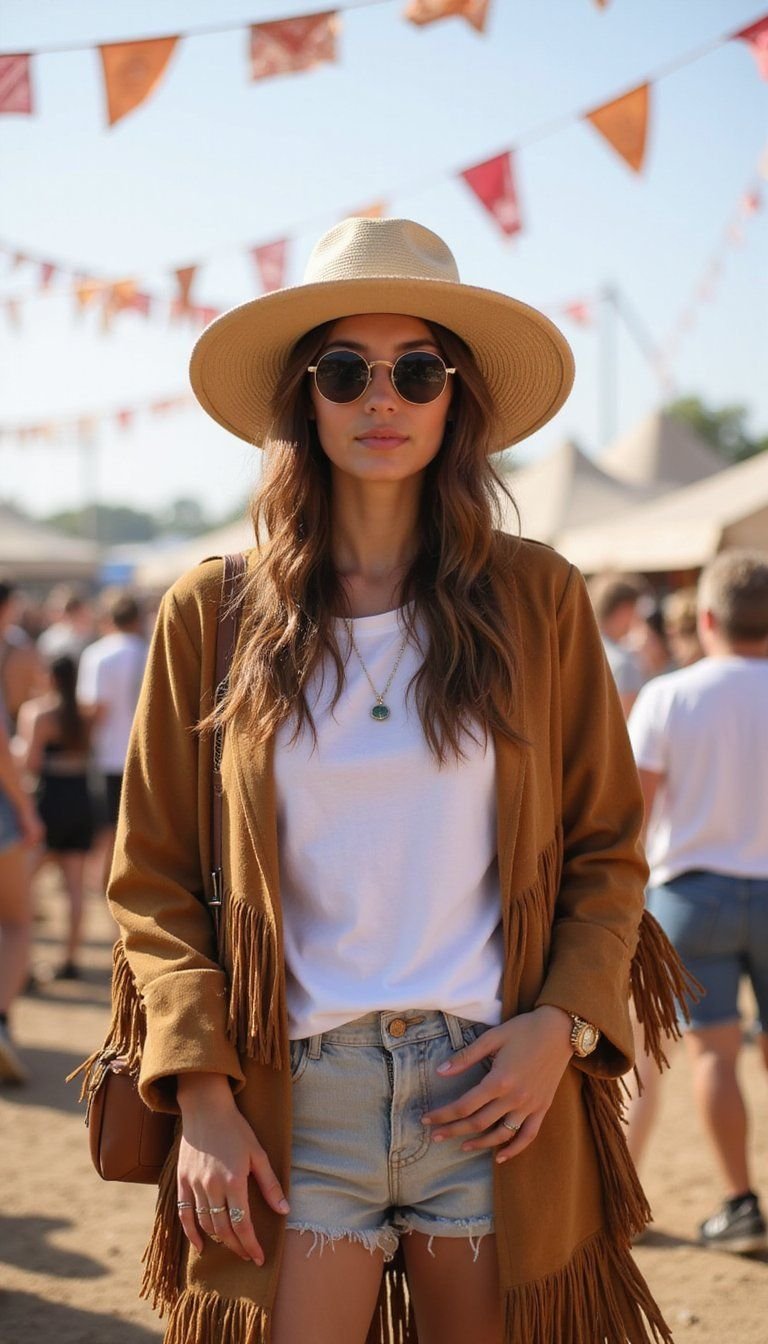 Wide-Brim Hat with Fringe Coat