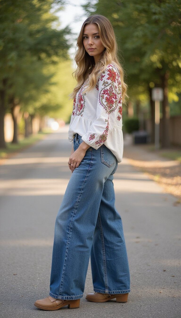 Boho Blouse with Wide-Leg Jeans