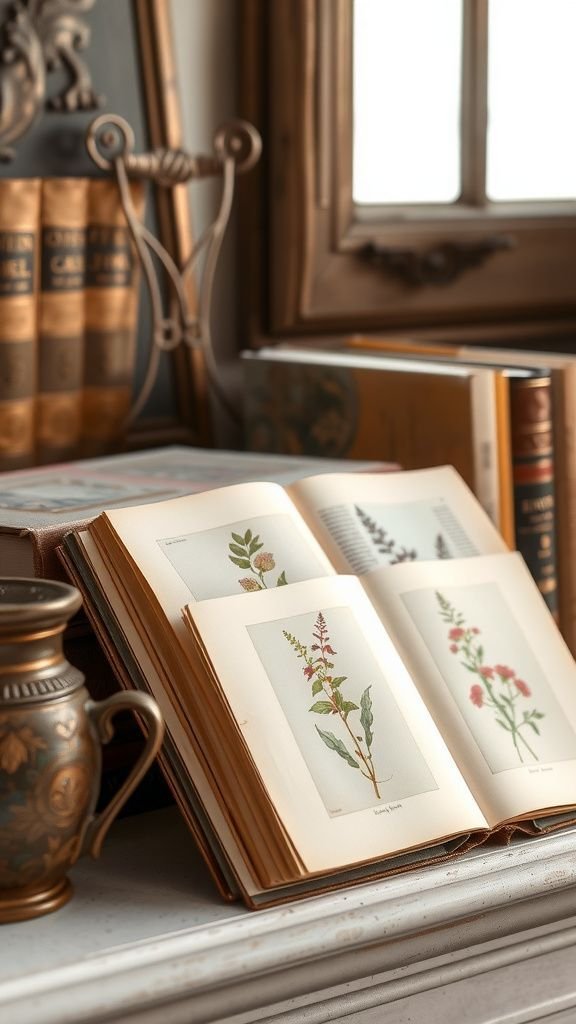 A stack of vintage books with botanical prints tucked in