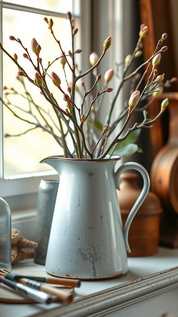 A vintage pitcher brimming with late-spring branches