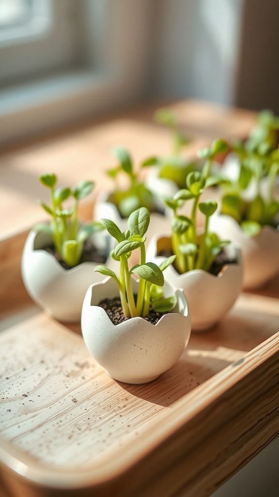 Eggshell planters with tiny green sprouts peeking out