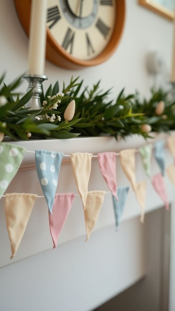 Mini bunting flags strung across the shelf edge