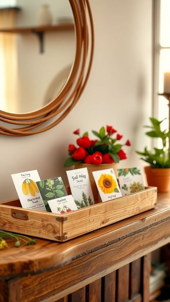 Seed packet display in a rustic wooden tray