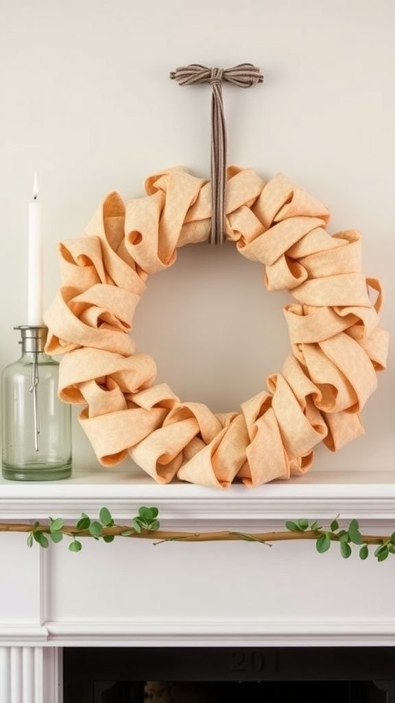 Wreath of fabric scraps in soft, sun-faded hues