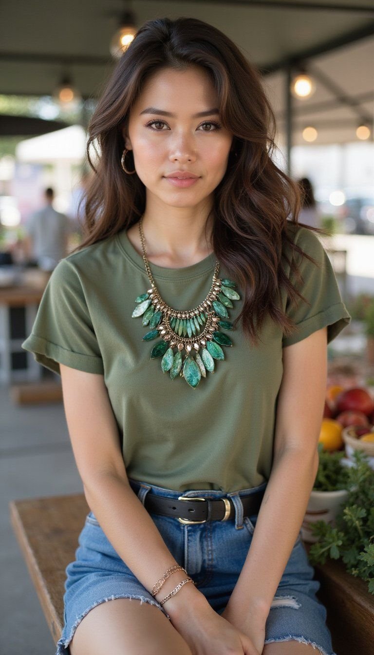 Jersey Tee with Statement Necklace