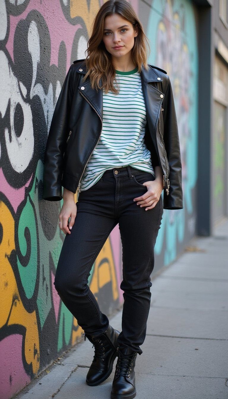Striped Tee with Leather Jacket