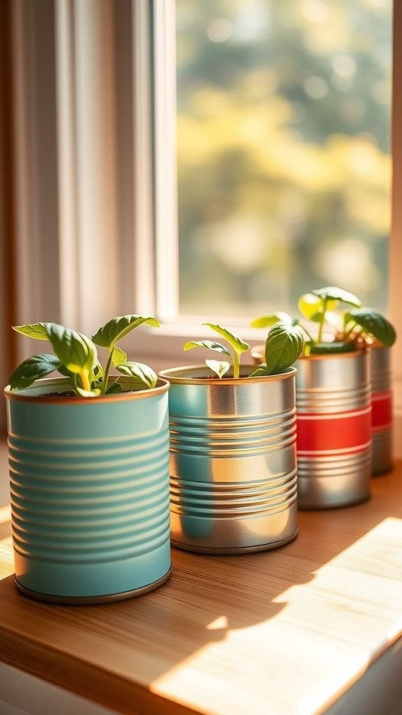Tin can planters with bright paint accents