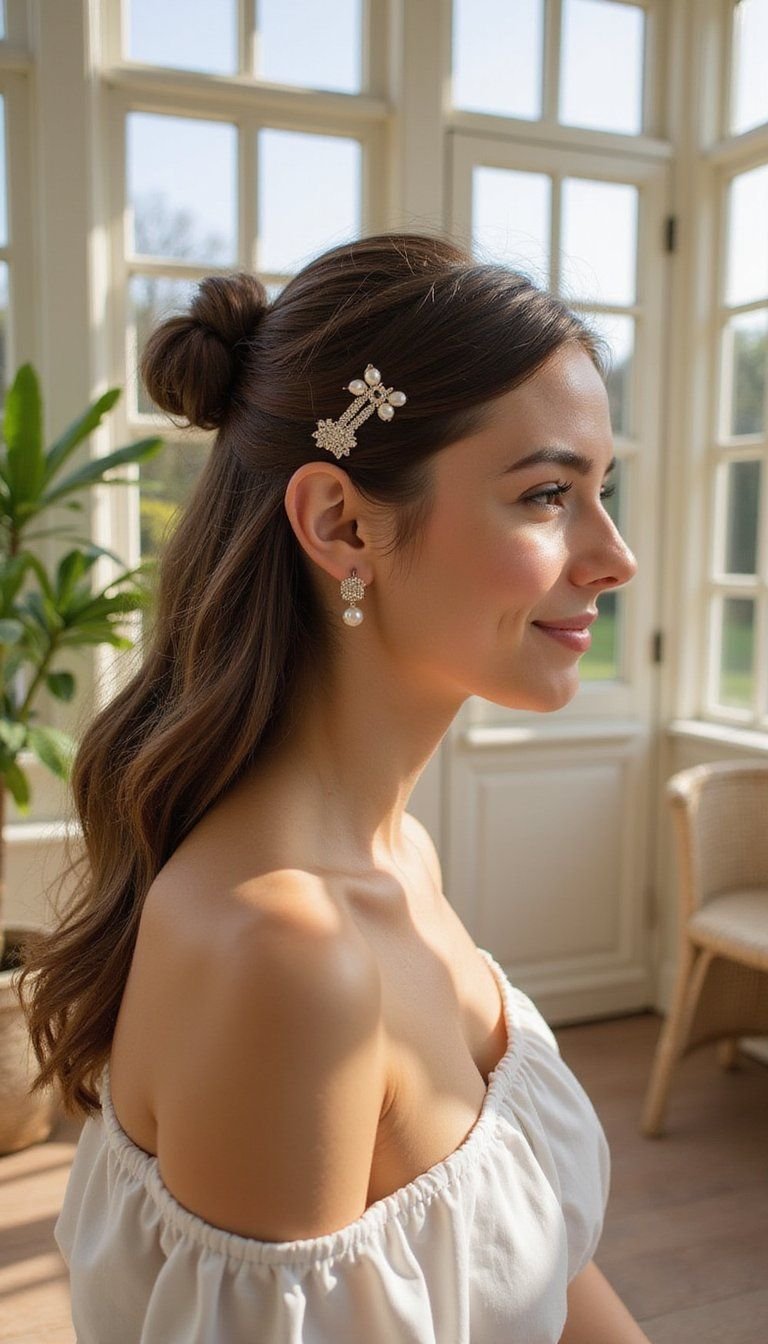 Knotted Half-Up With Pearl-Studded Bobby Pins
