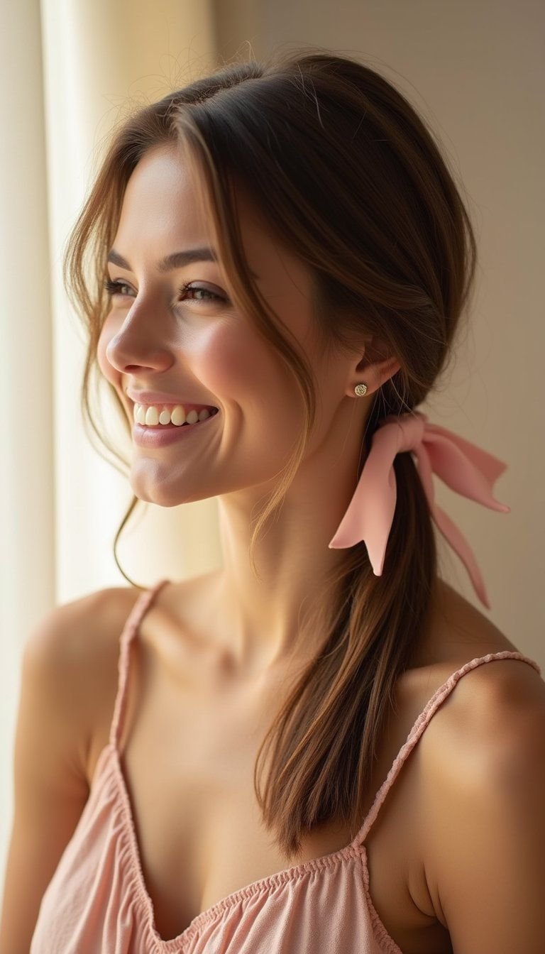 Sleek Low Pony With Satin Ribbon Wrap