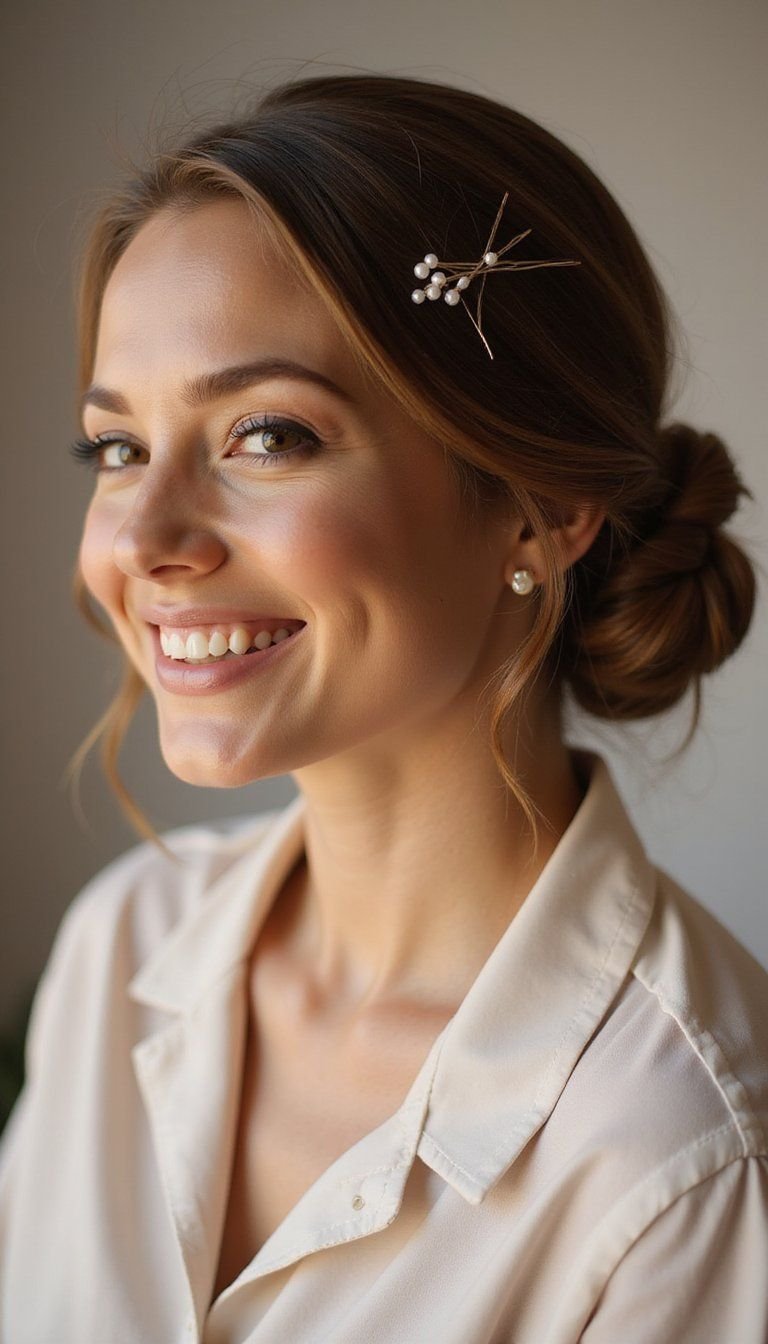 Twisted Low Bun With Pearl Pins