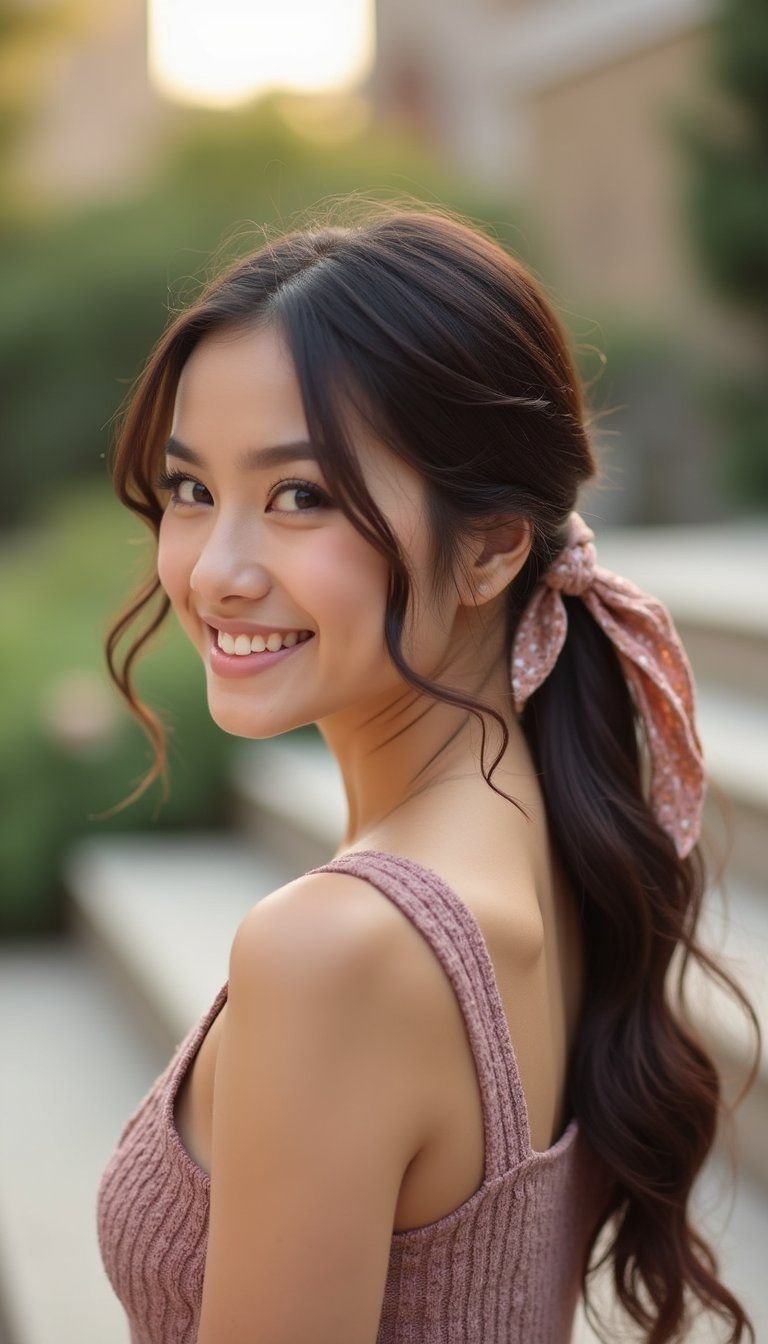 Low Ponytail Wrapped With Ribbon Accent