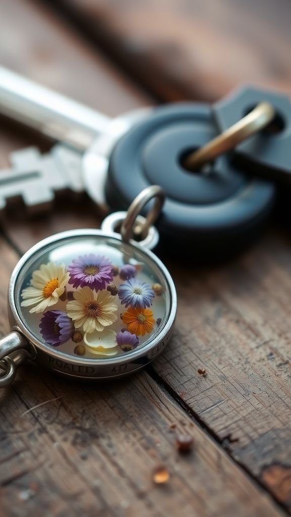 Key fob charm with embedded colorful elements