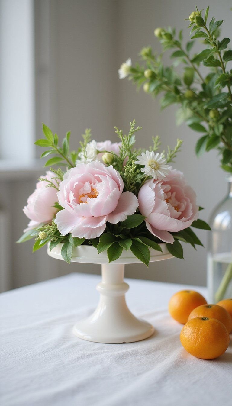 Cake stand florals arranged for height and drama