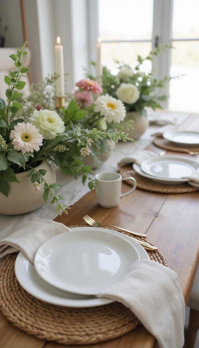 Rattan chargers with linen for a textured base