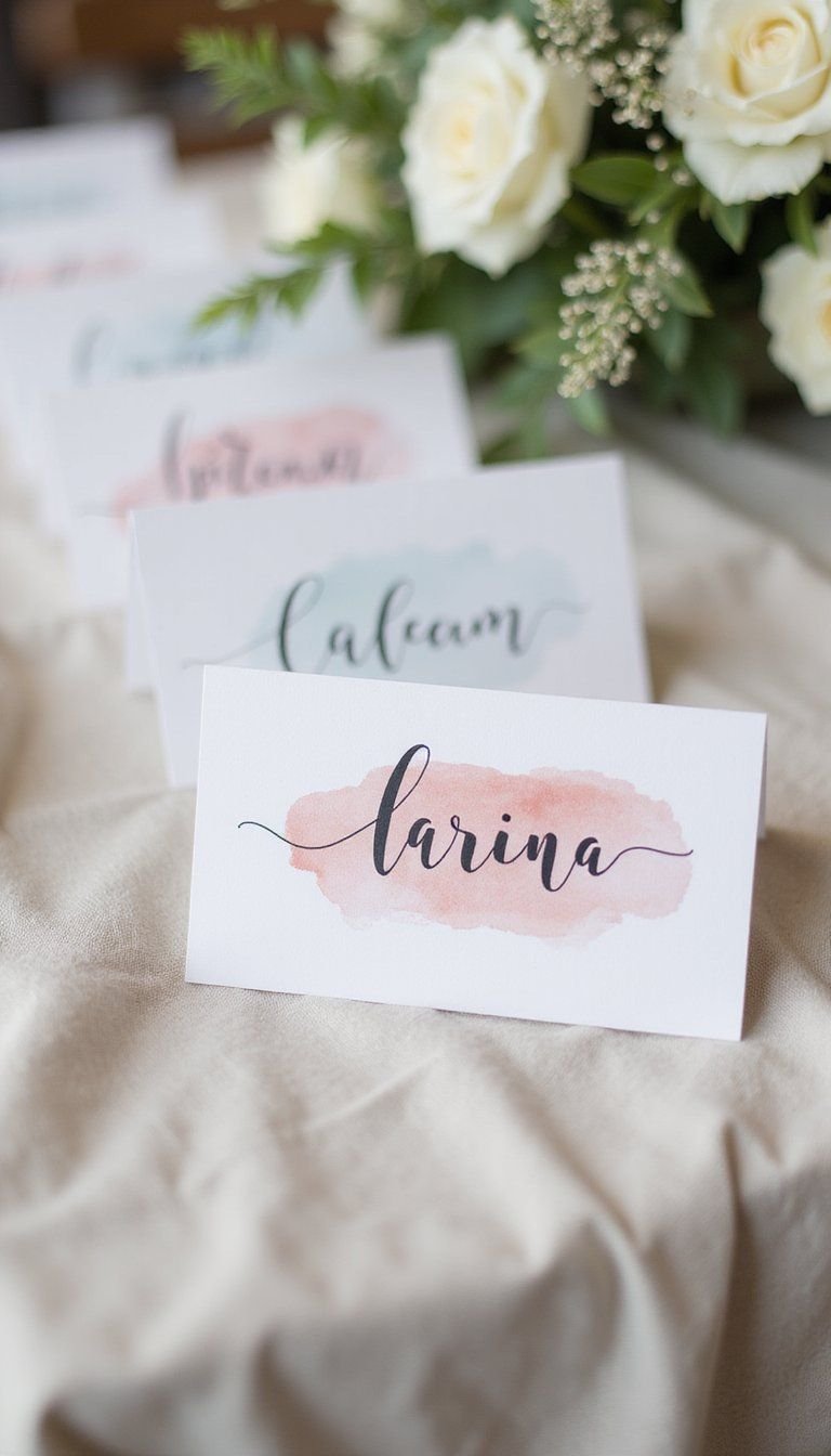 Watercolor place cards with soft washes