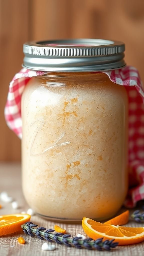 Homemade scented sugar scrub in mason jar