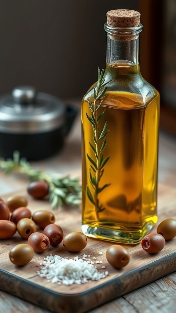 Infused olive oil bottle with fragrant herbs