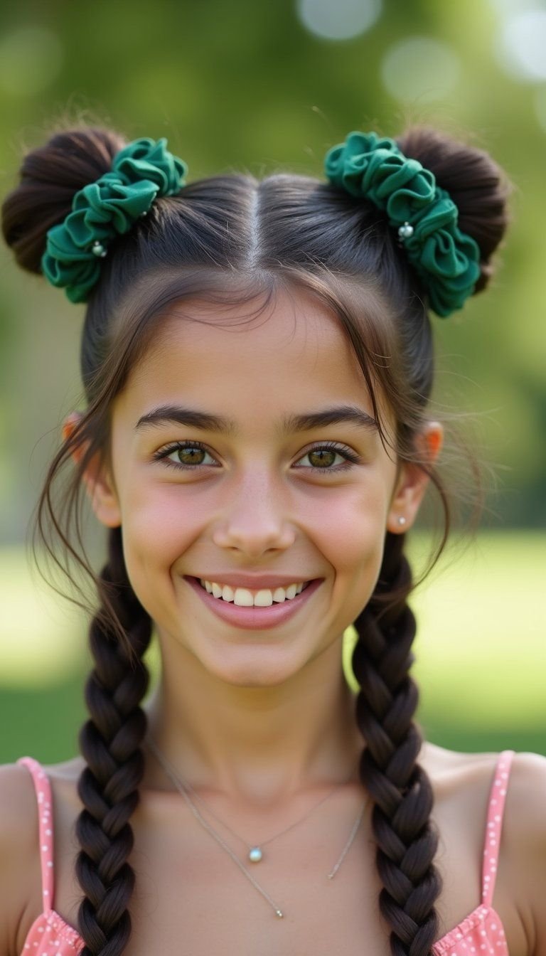 Bouncy Pigtails With Green Scrunchies And Beads