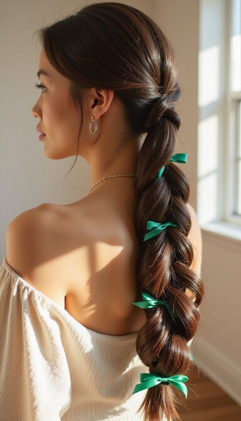 Bubble Braid Pony With Emerald Ribbon Wraps