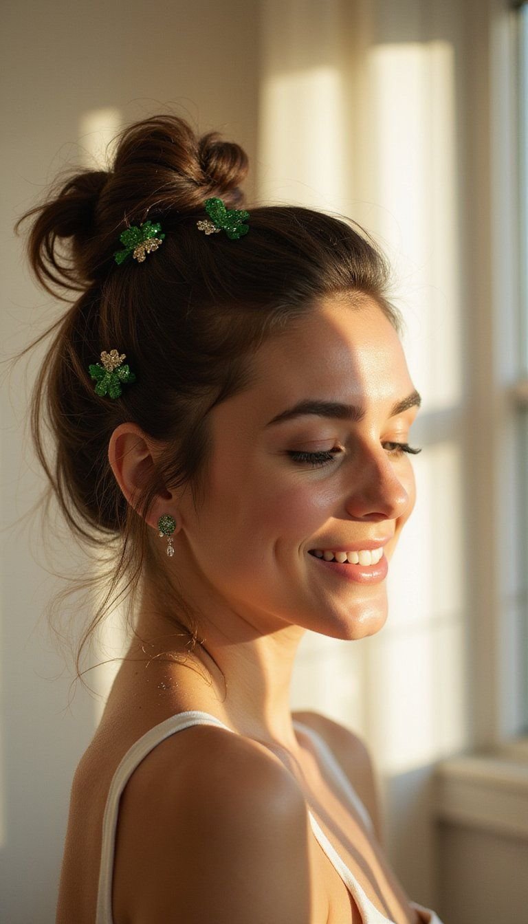 Shamrock Clip Messy Bun With Subtle Glitter