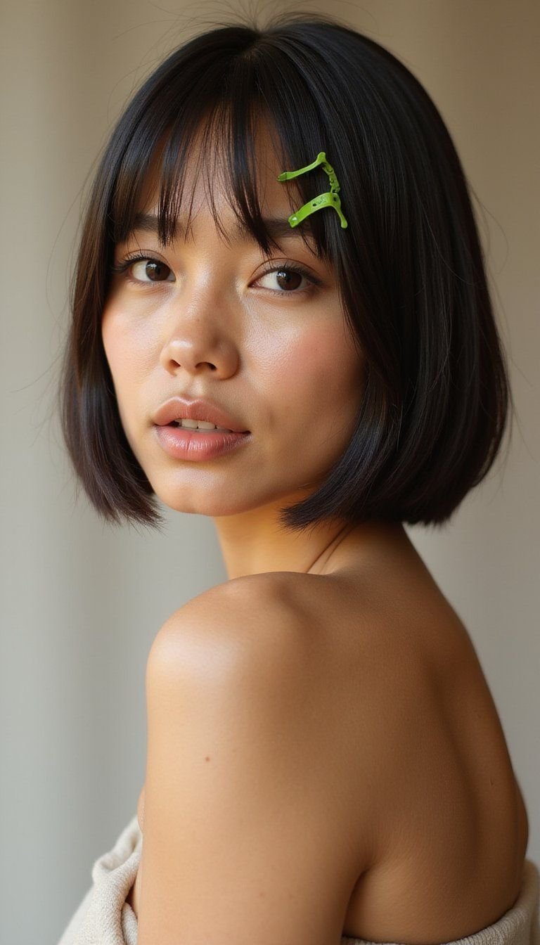 Sleek Blunt Bob With Green Accent Clip And Shine