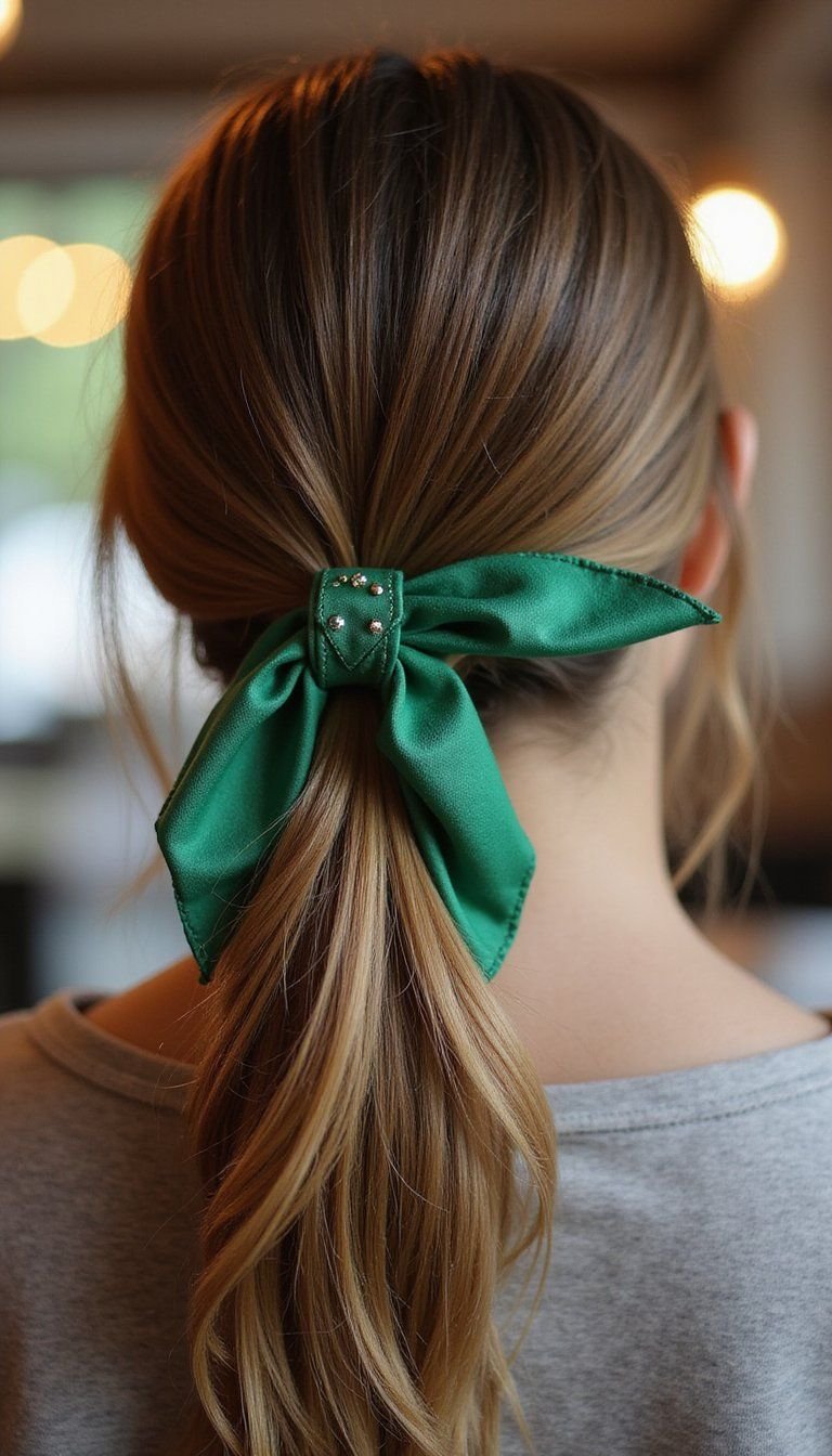 Sleek Low Pony With Emerald Wrap And Pin