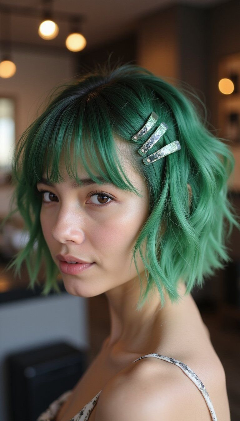 Textured Shag With Emerald Highlights And Clips