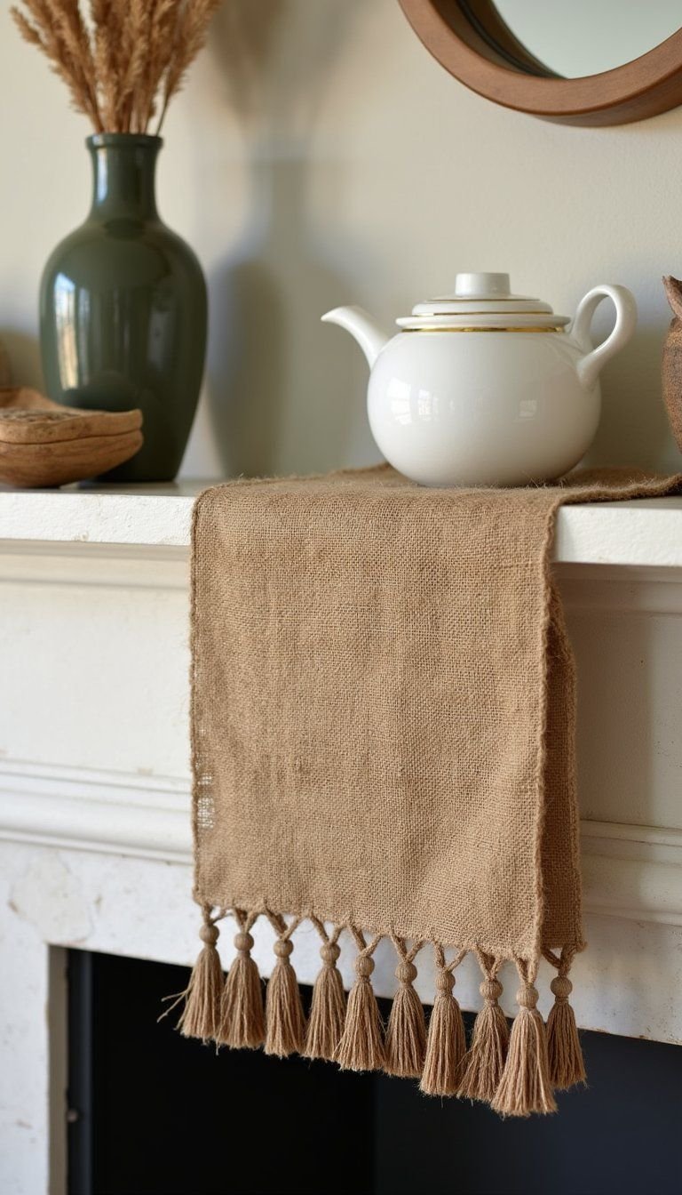 Burlap Runner with Gold Flecks and Tassels