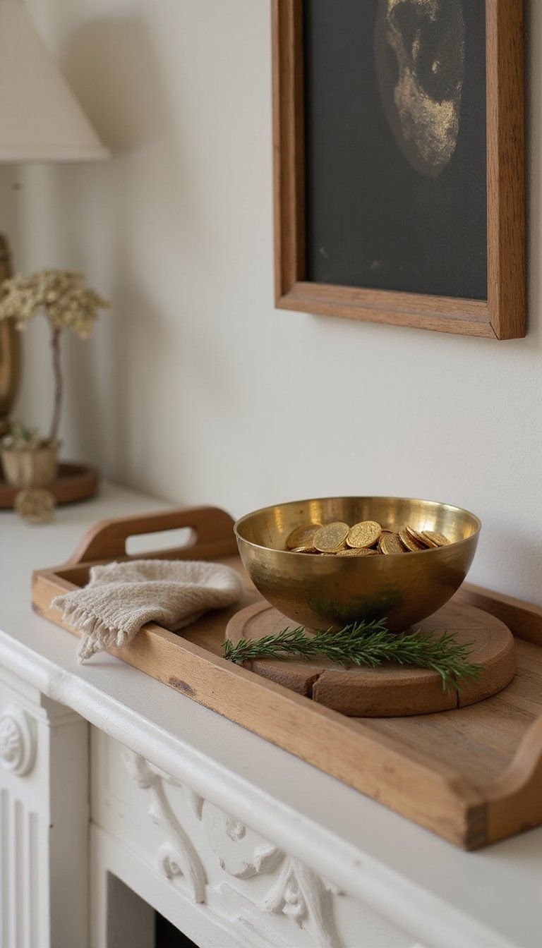 Gold Coin Cascade: Layered Trays and Brass Bowls