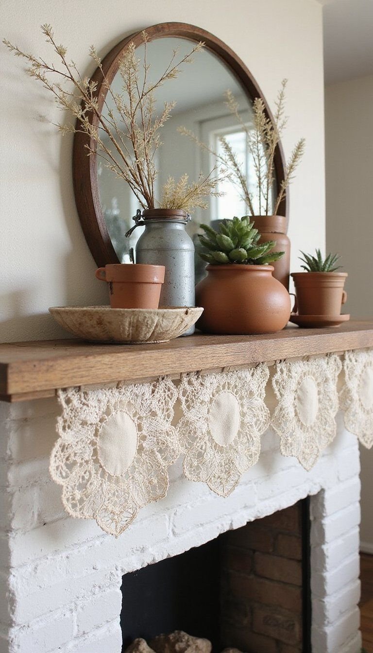 Lace Doilies Layered under Rustic Pots