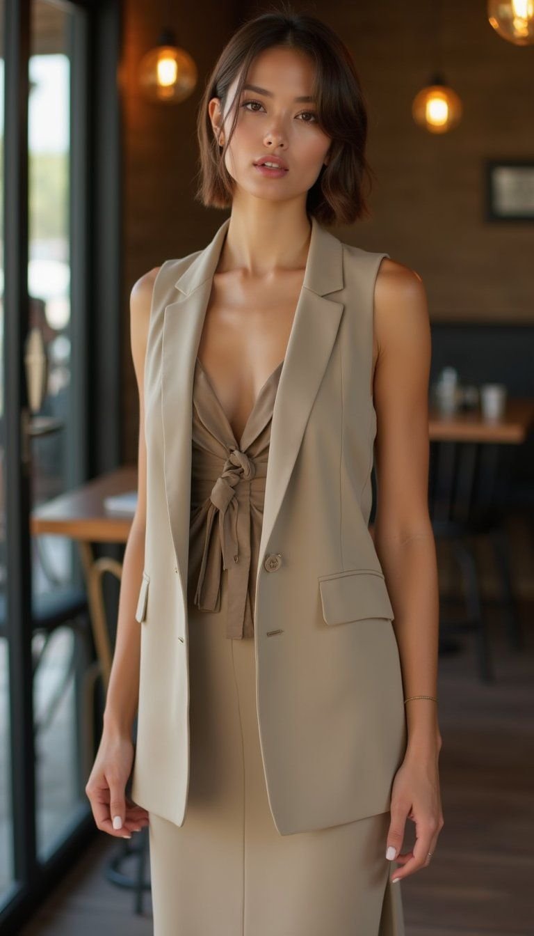 Sleeveless Blazer over Slip Dress