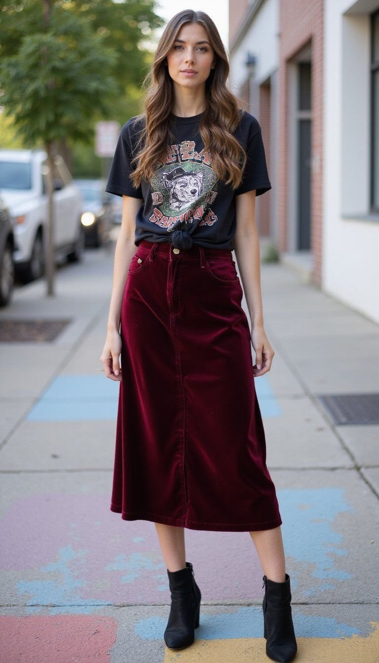 Velvet Skirt with Graphic Tee